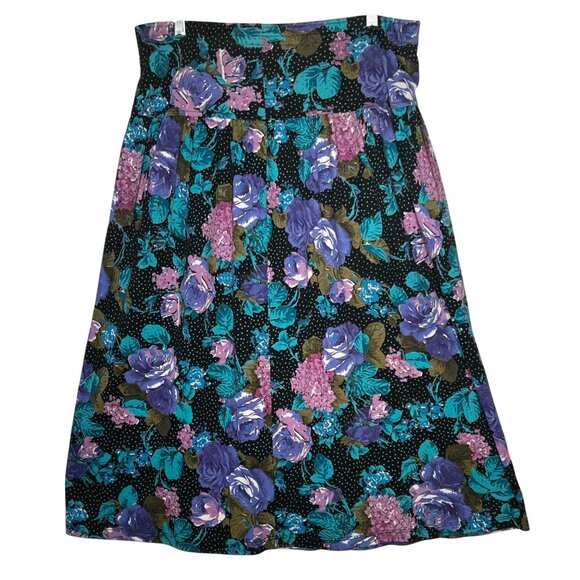 Fritzi Medium Black With Purple & Teal Rose Vintage Floral Midi Skirt U.S.A. Off - Picture 1 of 13